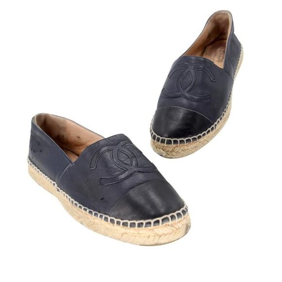 Chanel Espadrille 37 Lambskin Leather Cc Cap Toe Flats CC-0502N-0128 - Picture 1 of 10